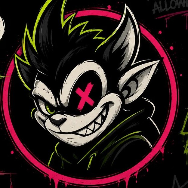 Bad Habit Design wolf mascot with X eye in a pink spray-paint circle