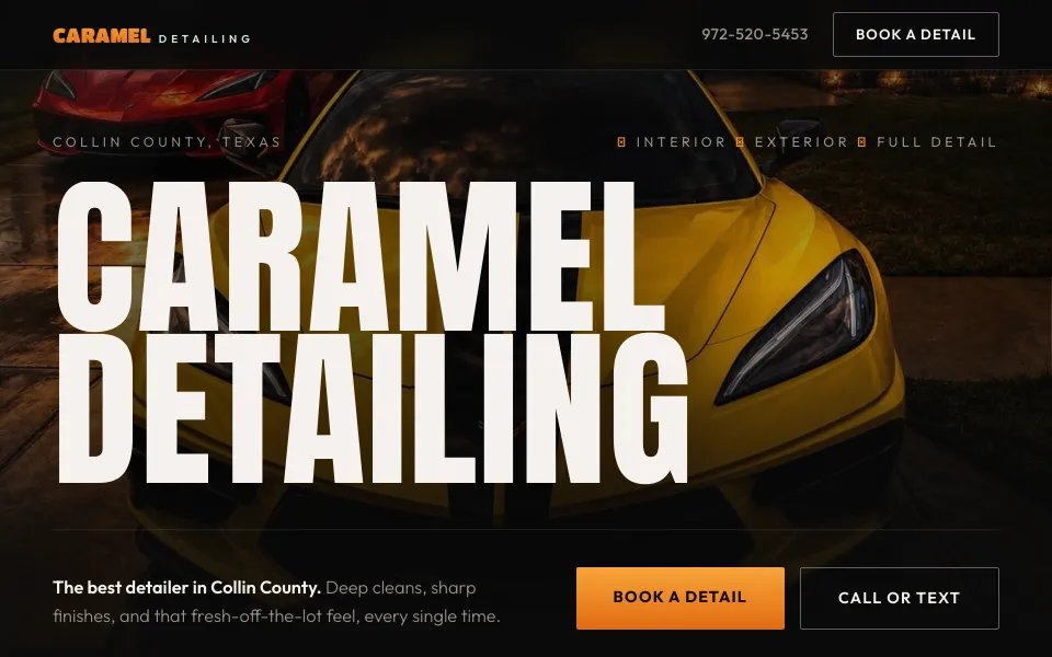 Caramel Detailing website hero with a yellow Corvette