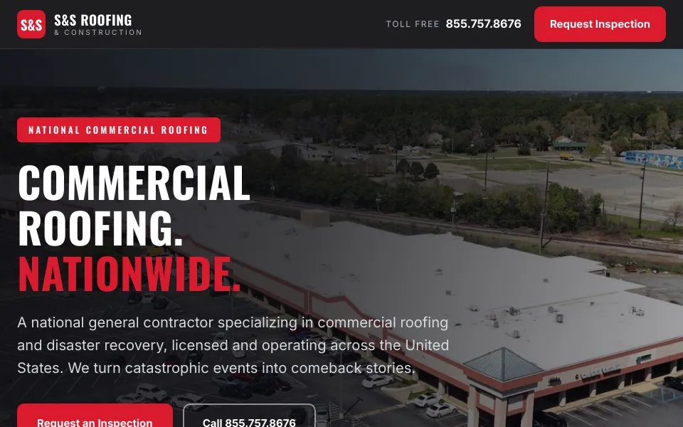 S&S Roofing commercial roofing website hero