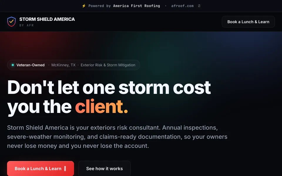 Portada del sitio de manejo de riesgos exteriores de Storm Shield America